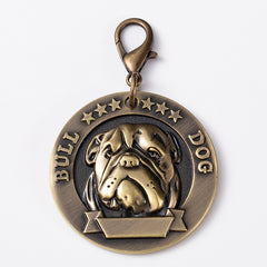 Vintage Brass Pet Tag – Bulldog 3D relief sculpture, antique bronze finish, personalized dog ID tag