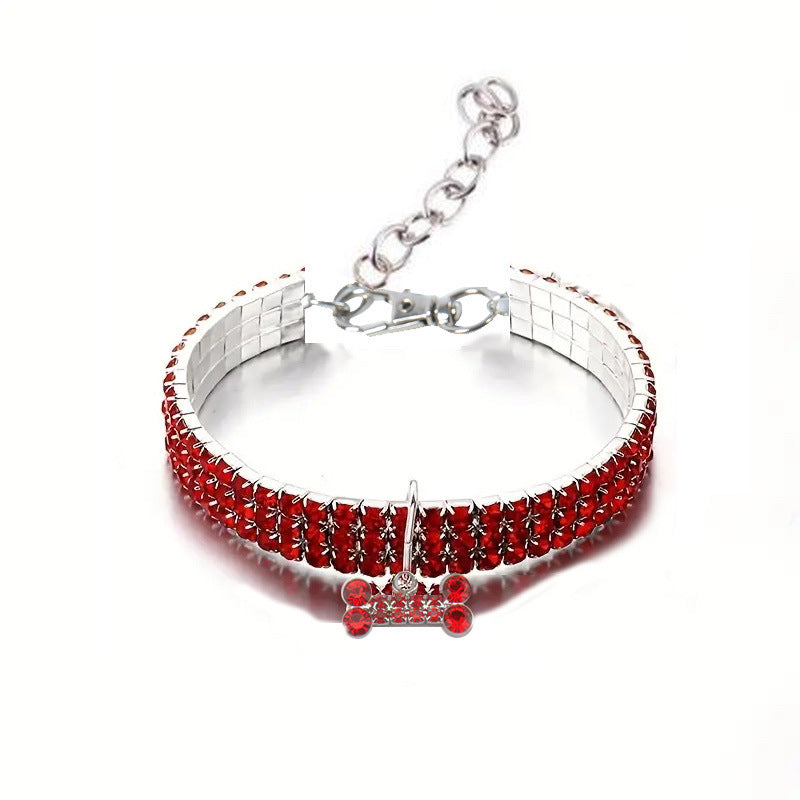 Red Crystal Pet Collar – Ruby red rhinestone stretch band with bone charm, elastic 3-row bling dog collar