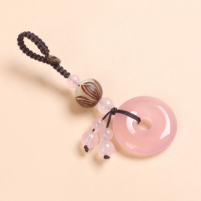 Agate Chalcedony Safety Knot Keychain – pink chalcedony with striped lotus bead and pink beads