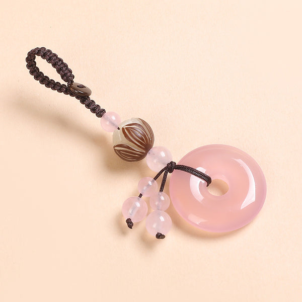 Agate Chalcedony Safety Knot Keychain – pink chalcedony with striped lotus bead and pink beads