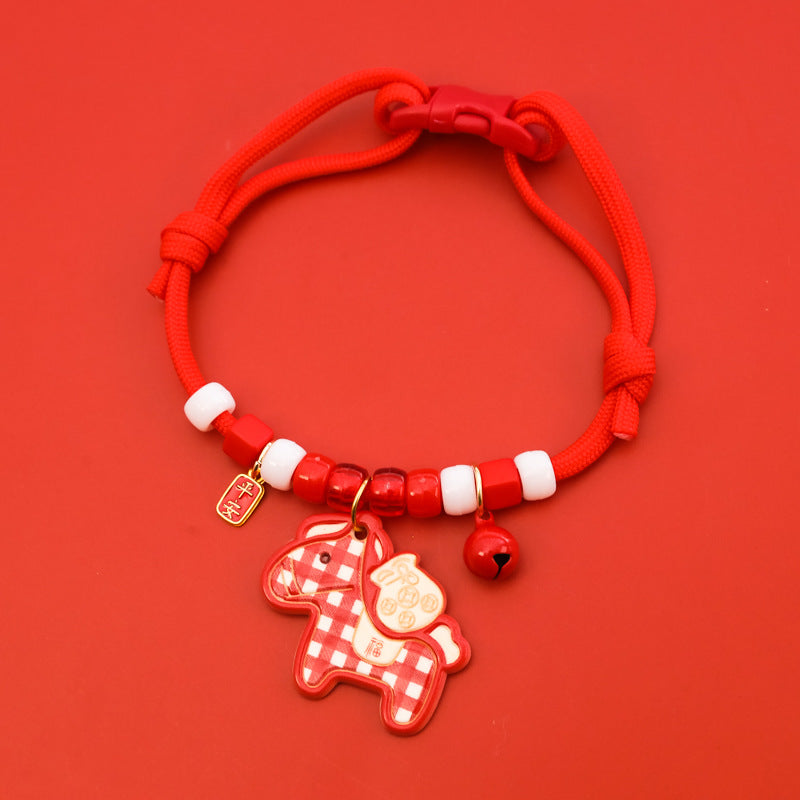 Year of Horse Collar – Red braided rope with gingham horse pendant, ping an tag & red bell, CNY pet