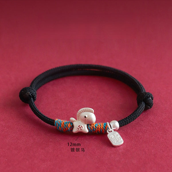 Year of the Horse Bracelet – Black cord silver horse charm with Fu tag on red, luck bracelet