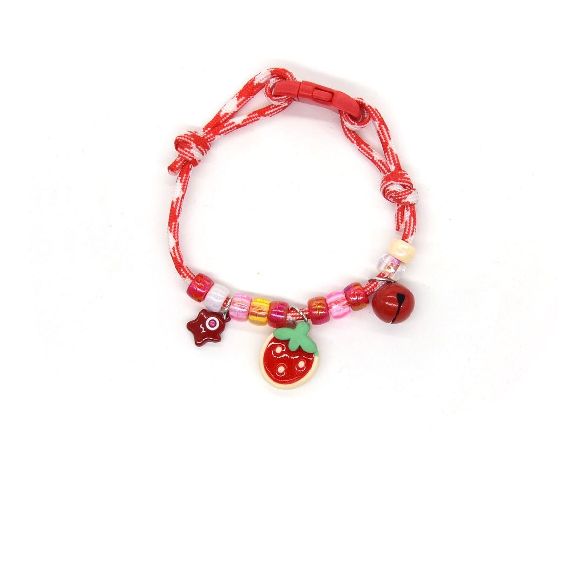 Lightweight Cat Collar – Red-white rope with smiley strawberry, star & red bell, kawaii fruit collar