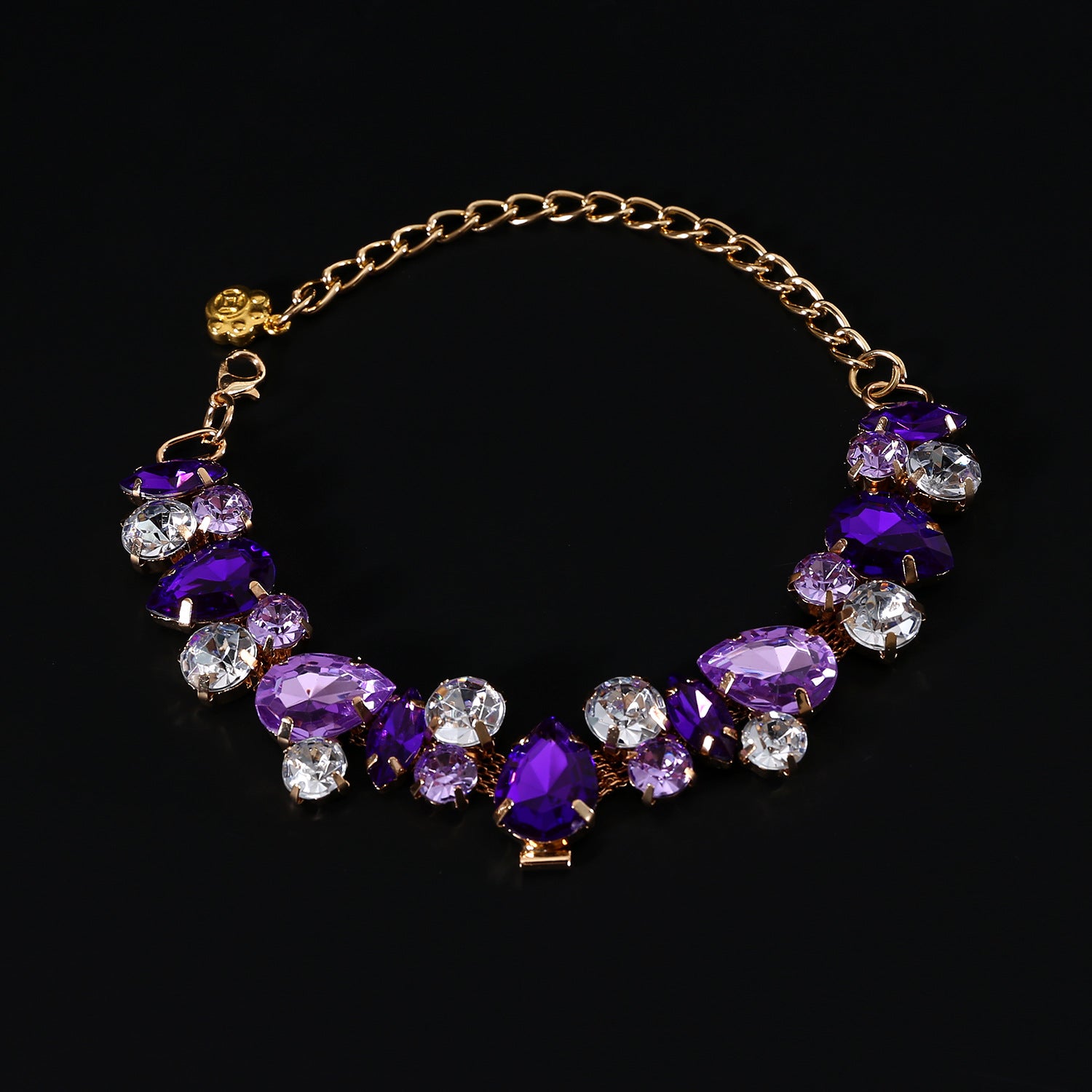 Pet Gemstone Collar – Gold purple lavender and clear crystal choker on black, princess pet jewelry