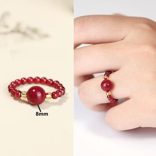 Cinnabar Bead Ring – 8mm red cinnabar bead ring with gold spacers, split product and worn view, adjustable ring