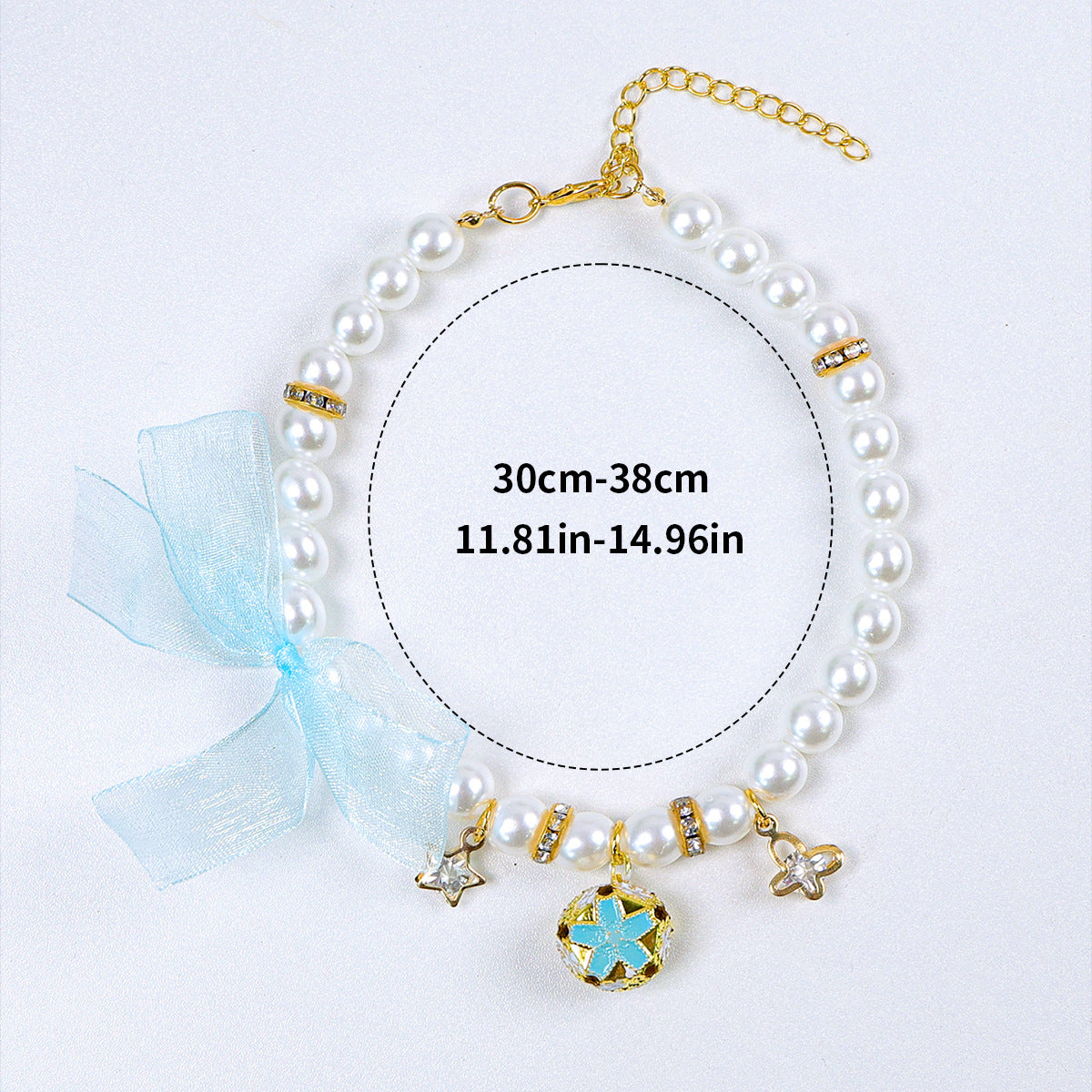 Luxury Crystal Pet Necklace – pearl collar with blue enamel flower charm, star pendants, blue chiffon bow, 30-38cm