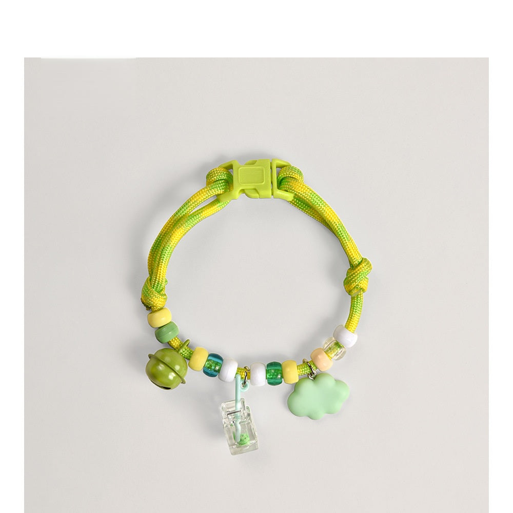 Lightweight Cat Collar – Yellow-green rope with cloud charm, bell & translucent beads, adjustable collar