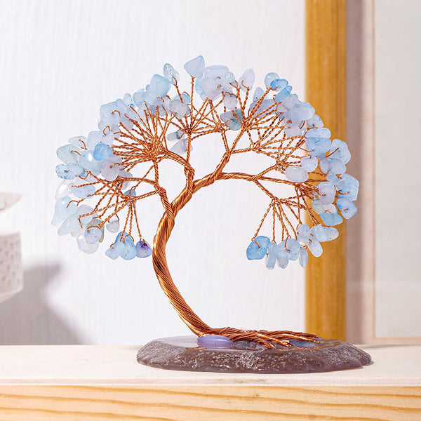 Chakra Crystal Tree – aquamarine light blue gemstone tree on dark base, copper wire branches, white room accent piece