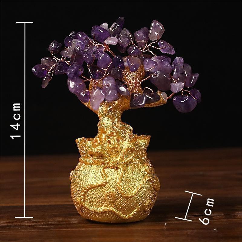 Amethyst Money Tree – deep purple crystals on golden base no coin pendants, calming wealth statue
