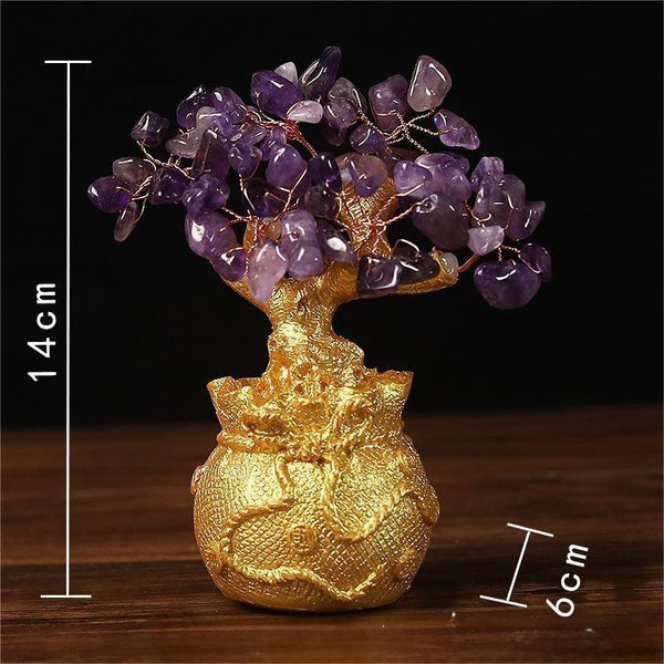 Amethyst Money Tree – deep purple crystals on golden base no coin pendants, calming wealth statue