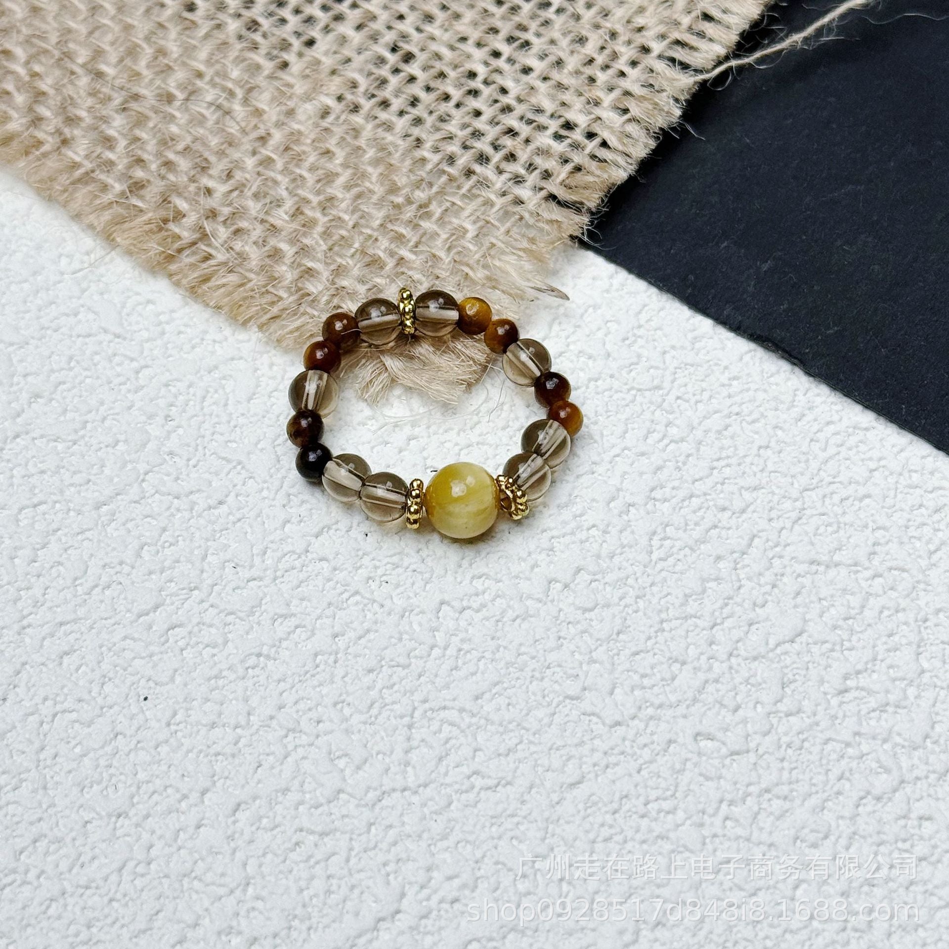 Tiger Eye Beaded Ring – Tiger eye and smoky quartz beads with yellow center stone, grounding crystal ring