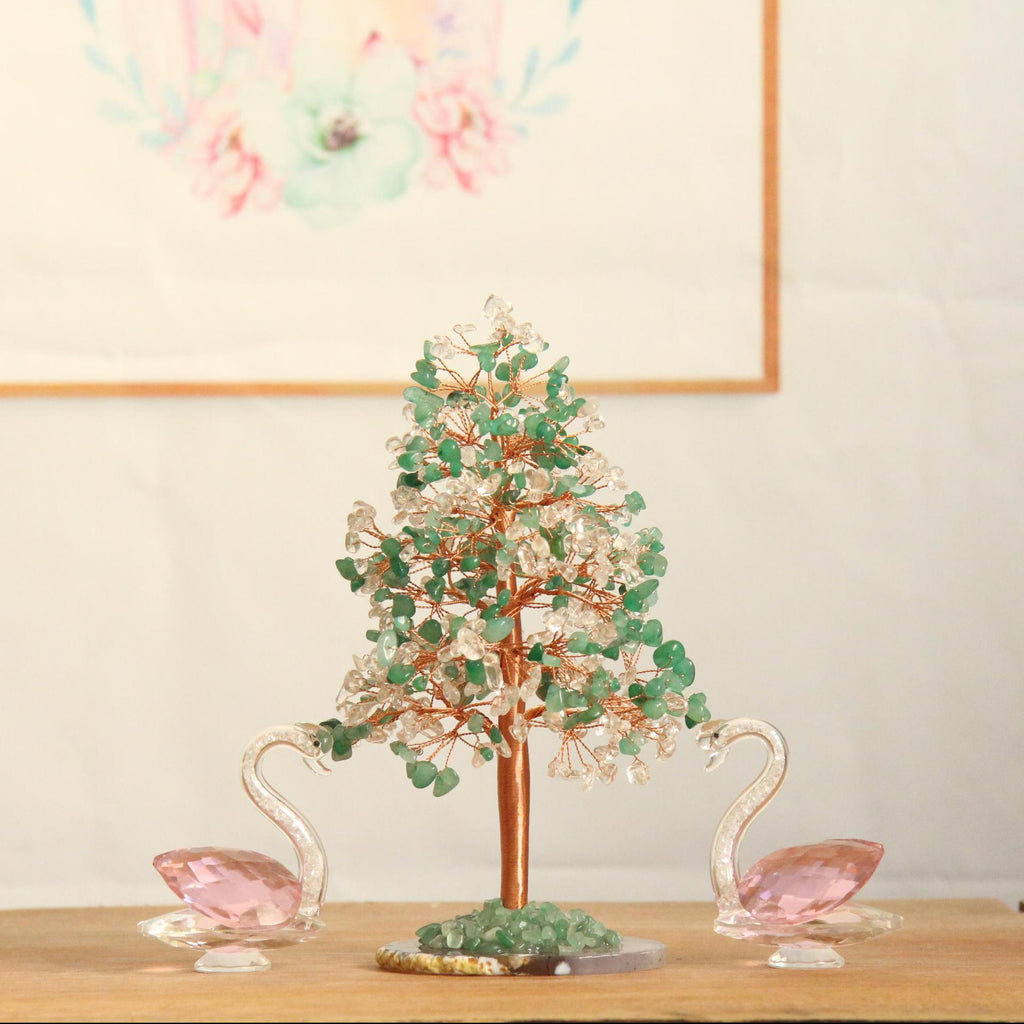 Crystal Money Tree – Green and clear quartz mix with swans, Feng Shui decor