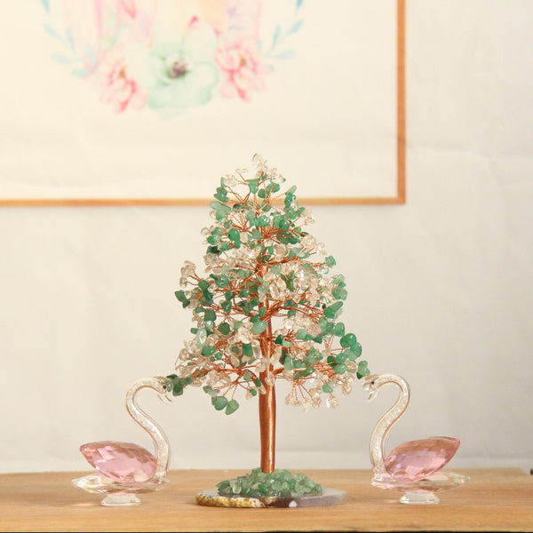 Crystal Money Tree – Green and clear quartz mix with swans, Feng Shui decor