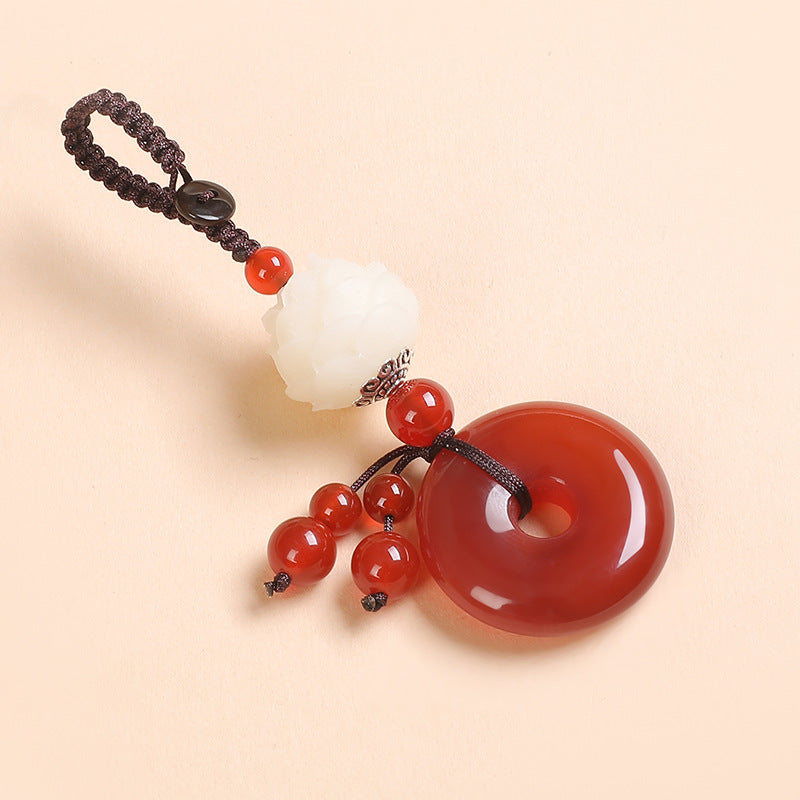 Agate Chalcedony Safety Knot Keychain – red agate variant with white lotus bead, feng shui keyring