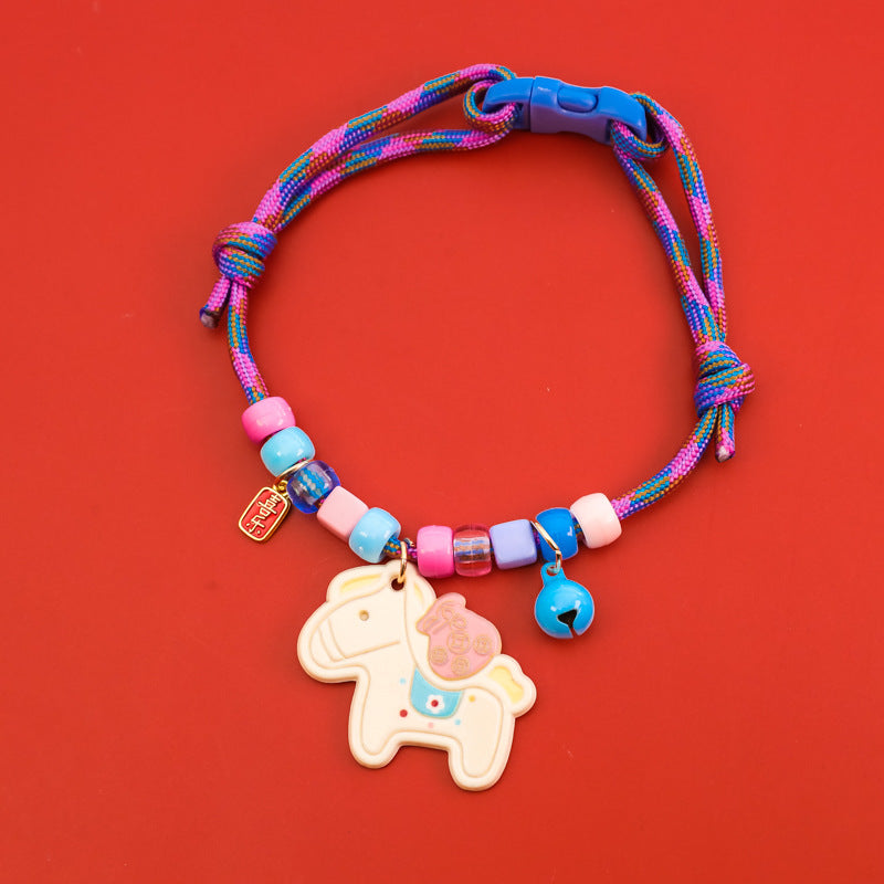 Horse Zodiac Collar – Pink-blue-purple rope with cream horse, character tag & blue bell, zodiac pet