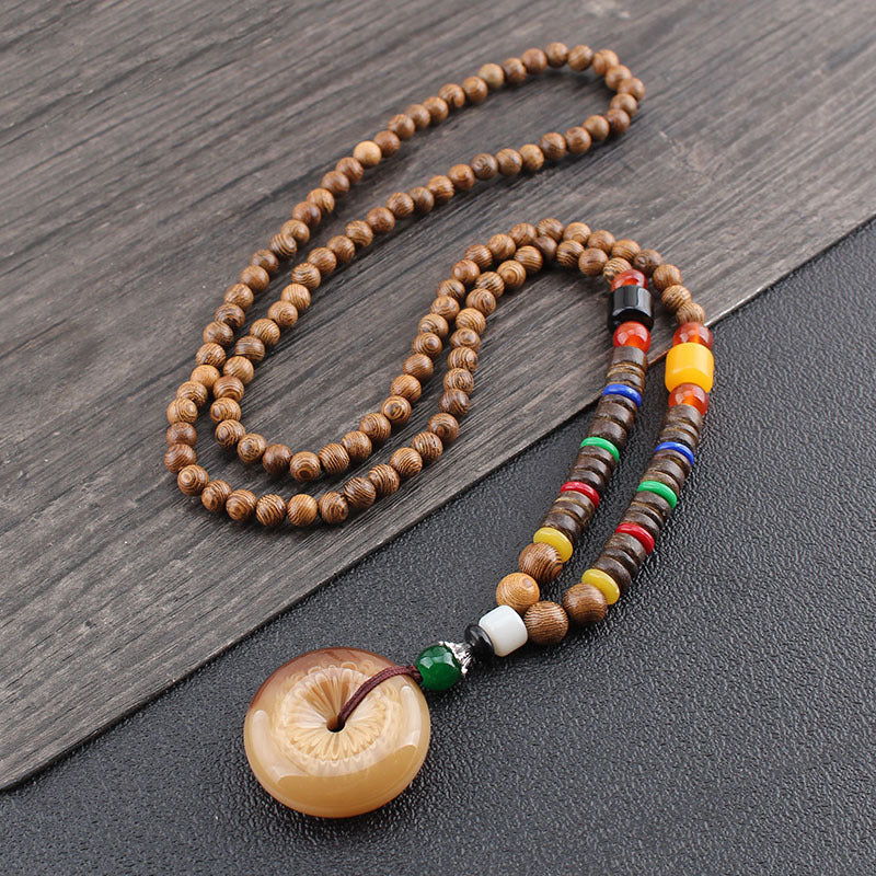 Wenge Mala Necklace – wooden beads with light brown round donut pendant multicolor spacer beads, wood bg