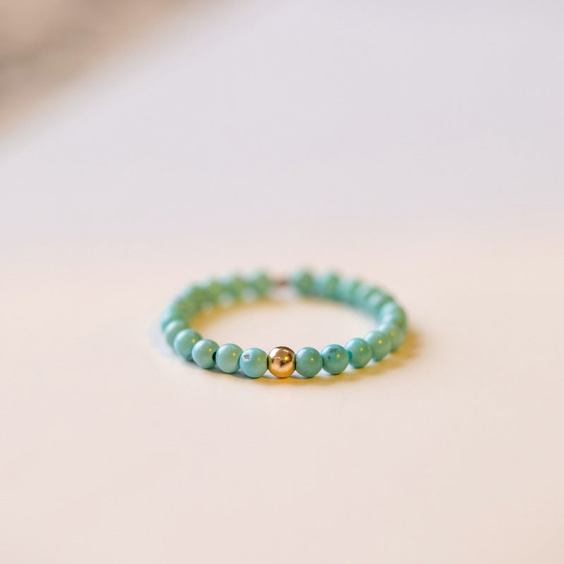 2mm Citrine Ring – Tiny turquoise beaded ring with gold center bead on soft white, minimalist crystal ring