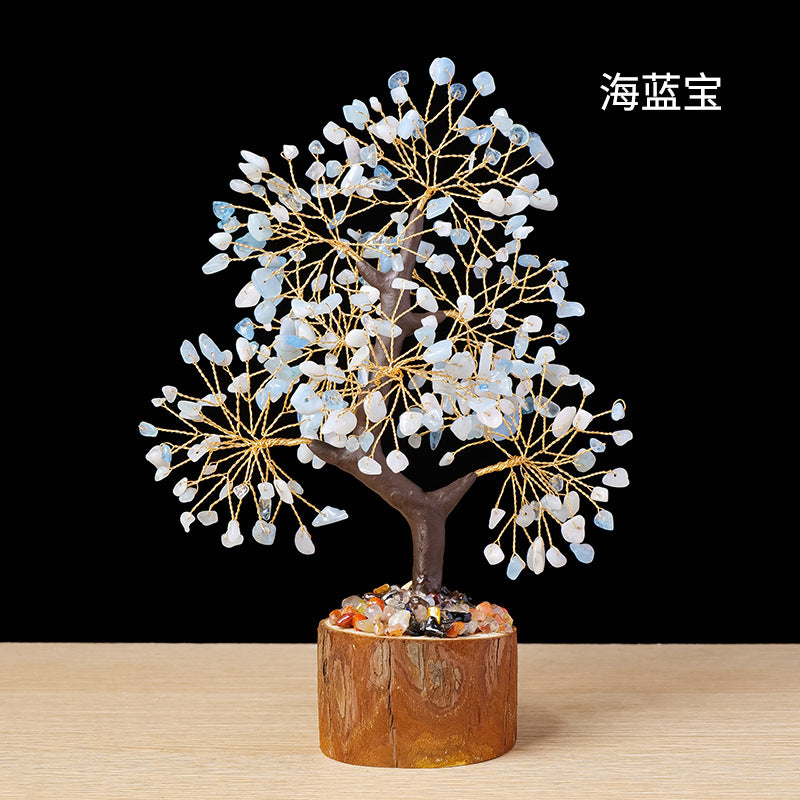Colorful Crystal Wealth Tree – Light blue aquamarine on wood, calming decor