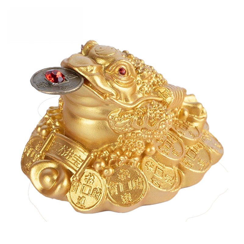 Golden Money Toad – front close-up of gold frog on coin heap with inscribed ancient coins, wealth talisman