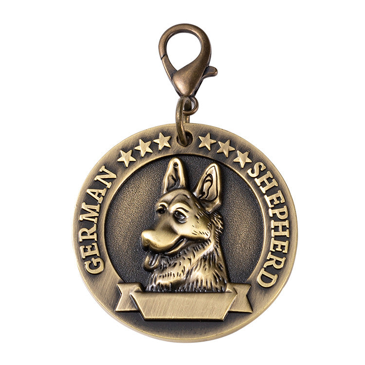 Antique Bronze Dog Tag – German Shepherd 3D relief portrait, vintage brass pet ID medallion with clasp