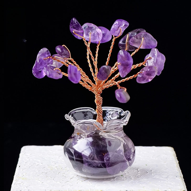 Mini Wealth Tree – amethyst purple crystal tree in glass geode, copper wire, black background white base, spiritual decor