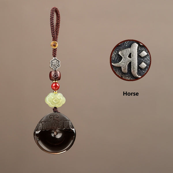 Pixiu Keychain – Horse zodiac silver glyph detail on ice obsidian disc with cord