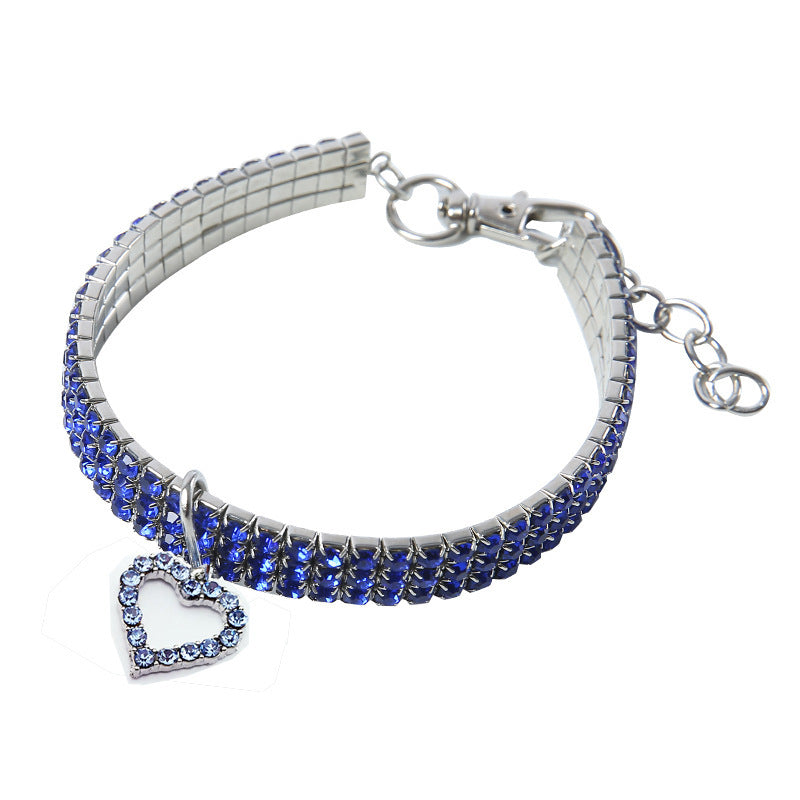 Blue Stretchy Pet Collar – Royal blue rhinestone band with heart pendant, elastic mesh, luxury dog necklace