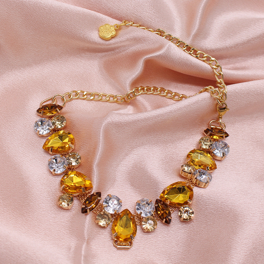 Princess Crystal Pearl Pet Collar – amber topaz teardrop crystal bib collar, gold curb chain, paw print charm