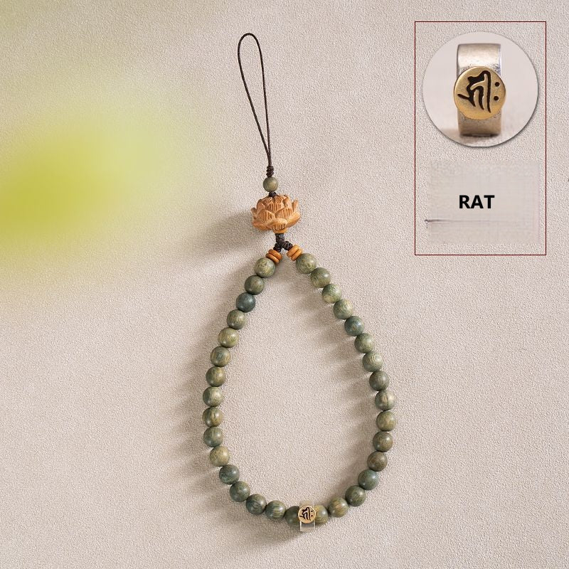 Zodiac Wood Bead Lanyard – Green sandalwood beads with silver Rat zodiac sign charm inset, Chinese zodiac phone lanyard