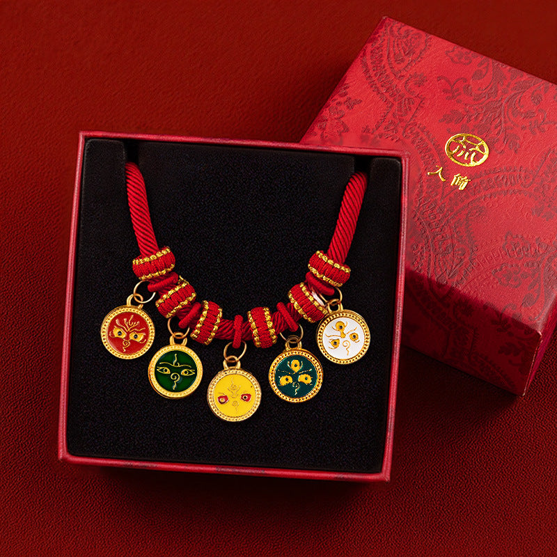 CNY Red Rope Pet Collar - Five opera mask charms on red cord in red gift box, festive CNY lucky pet necklace