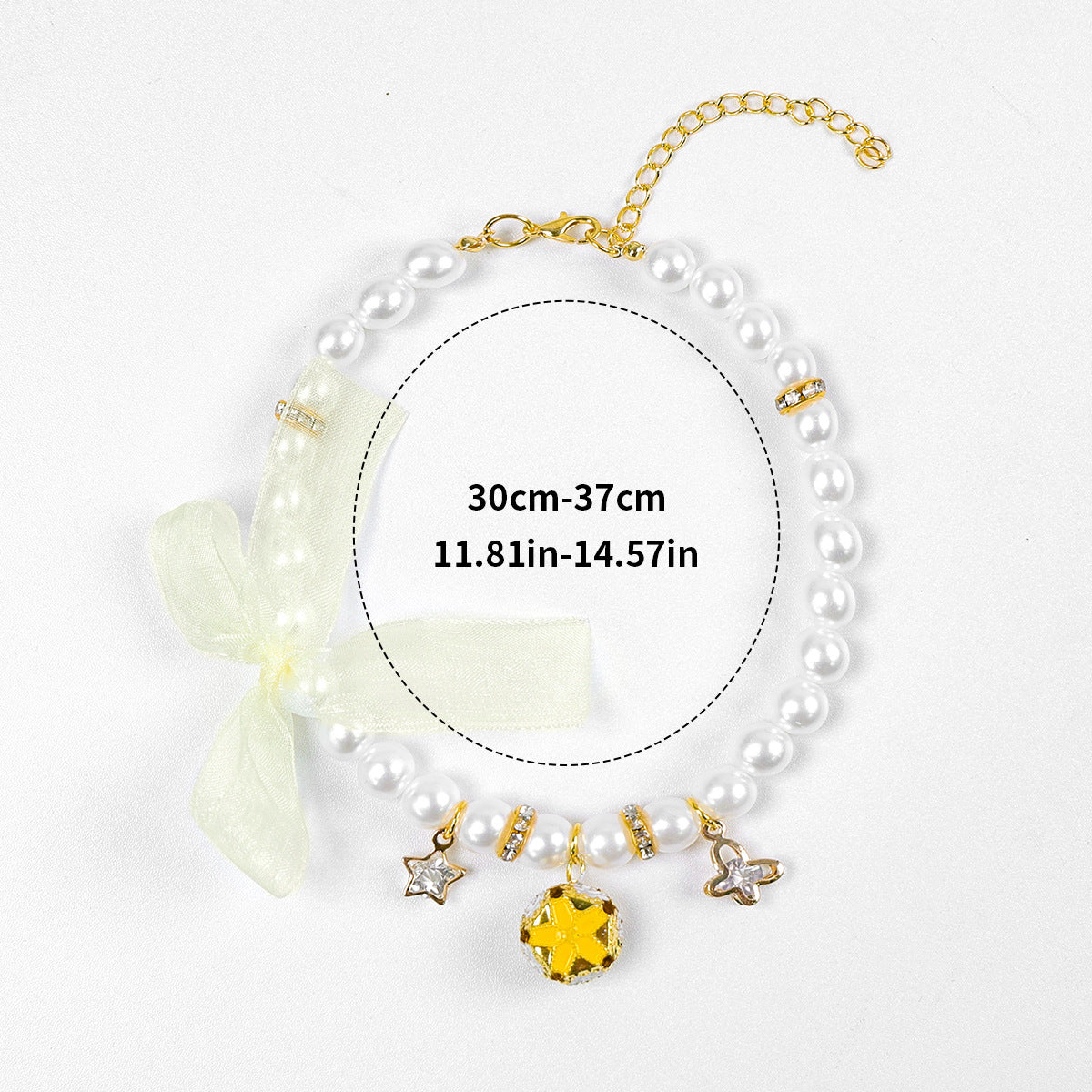 Luxury Crystal Pet Necklace – pearl strand with yellow gemstone pendant, star charms, ivory organza bow, 30-37cm