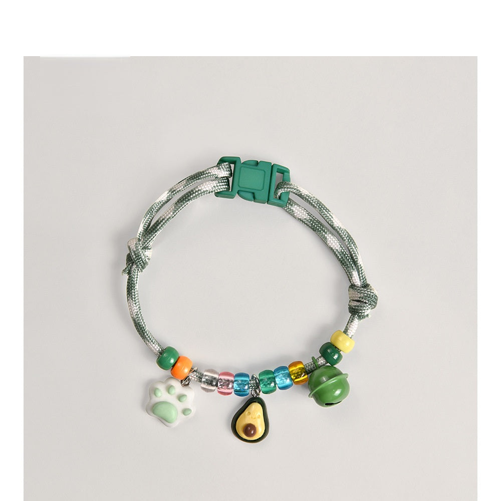 Soft Cat Collar – Gray-green rope with paw, avocado & bell charms, breakaway adjustable pet collar