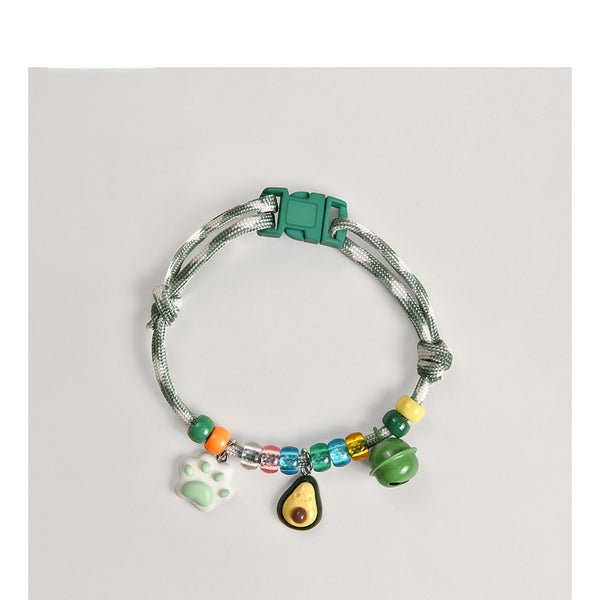 Soft Cat Collar – Gray-green rope with paw, avocado & bell charms, breakaway adjustable pet collar