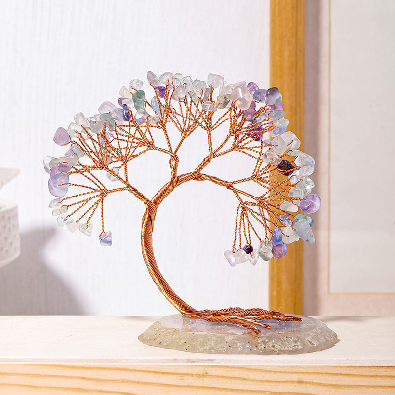 Chakra Crystal Tree – mixed pastel gemstone tree on light agate base, copper wire, white shelf display, gentle energy