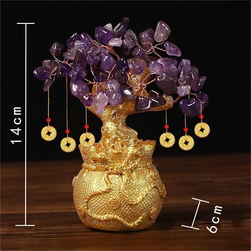 Amethyst Money Tree – purple crystal stones on gold money-bag base with size marks, spiritual wealth decor