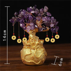 Amethyst Money Tree – purple crystal stones on gold money-bag base with size marks, spiritual wealth decor