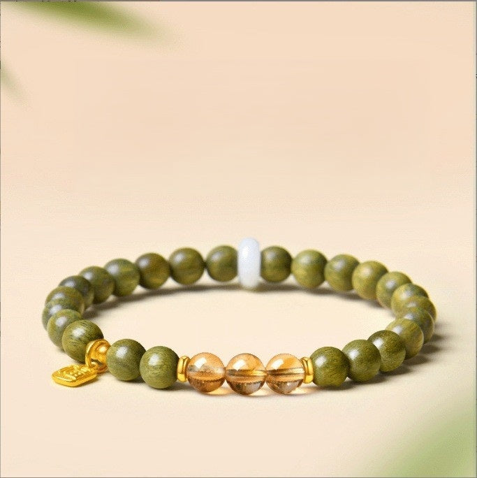 Green Sandalwood Bracelet – Single wrap with citrine center beads, gold accent on beige, aromatic wood