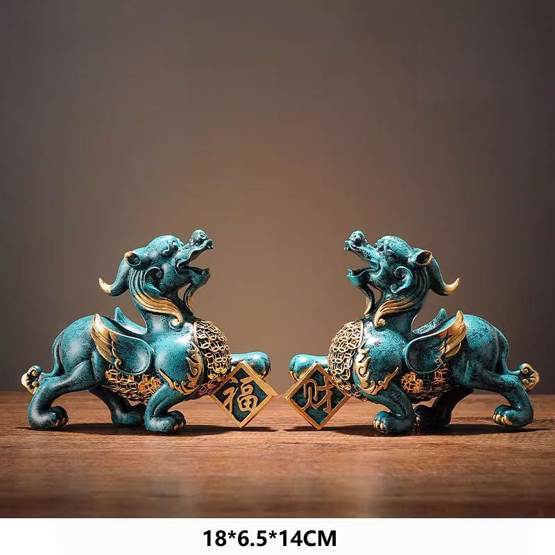 Pi Xiu Statue Pair – Teal patina large pair on wood, Feng Shui prosperity decor