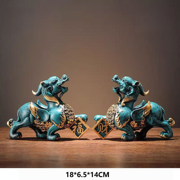 Pi Xiu Statue Pair – Teal patina large pair on wood, Feng Shui prosperity decor