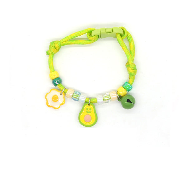 Cute Pet Collar – Lime green rope with fried egg, smiley avocado & green bell, kawaii food collar
