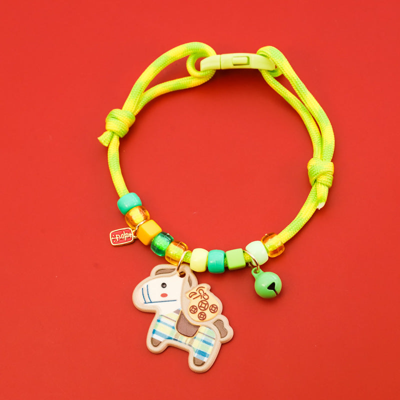 Year of Horse Collar – Yellow-green rope with cream horse, coin bag & mint bell, zodiac pet necklace