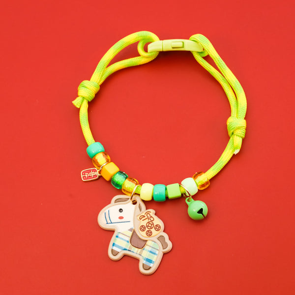 Year of Horse Collar – Yellow-green rope with cream horse, coin bag & mint bell, zodiac pet necklace