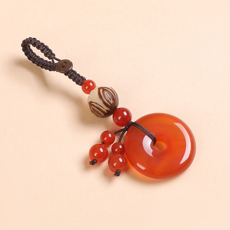 Agate Chalcedony Safety Knot Keychain – red agate with brown striped lotus bead and red beads