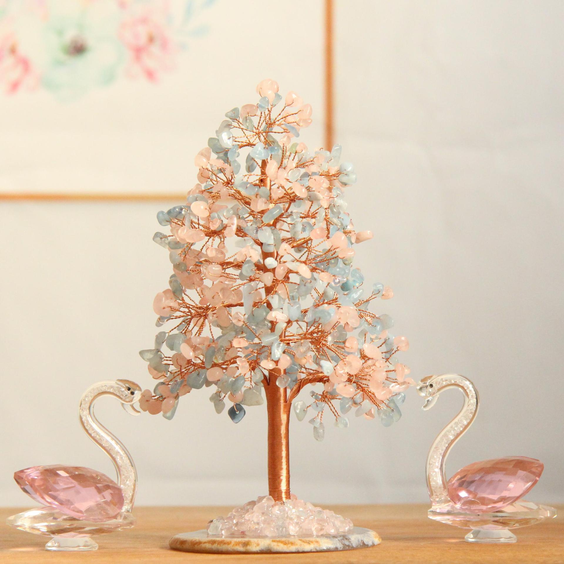 Crystal Money Tree – Pink blue mixed crystals with swans, prosperity decor