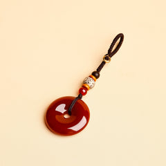 Jade Keychain Pendant – Red-brown jade donut pendant with star moon bodhi and wood beads on beige, good luck gift