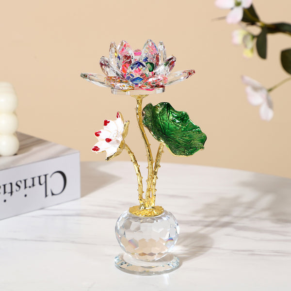 Crystal Lotus – multicolor iridescent crystal lotus flower, gold stem with white bud, crystal ball base, luxury decor