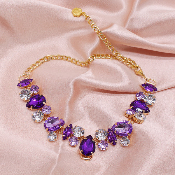 Princess Crystal Pearl Pet Collar – deep purple crystal statement necklace, gold prong settings, pink satin
