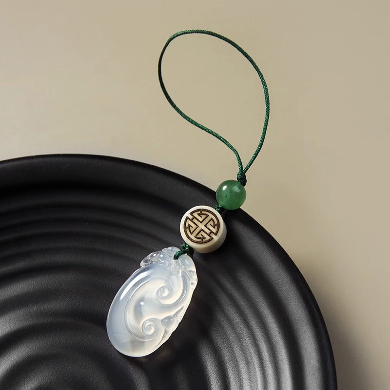 Chalcedony Ruyi Keychain – white chalcedony charm with swirl pattern, green jade accent bead