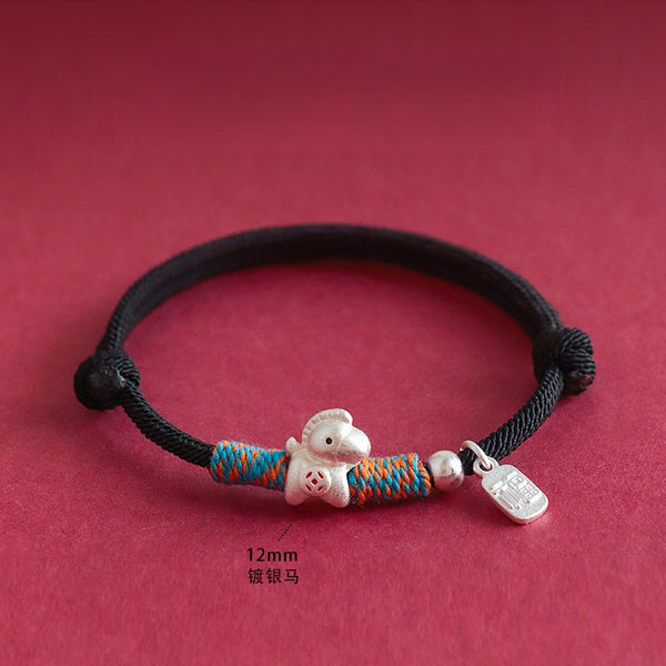 Year of the Horse Bracelet – Black cord silver horse charm with wraps on red, protection jewelry