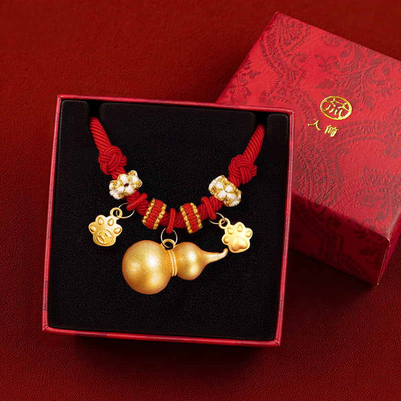 CNY Red Rope Pet Collar - Gold gourd and paw print charms on red cord in gift box, feng shui lucky pet collar